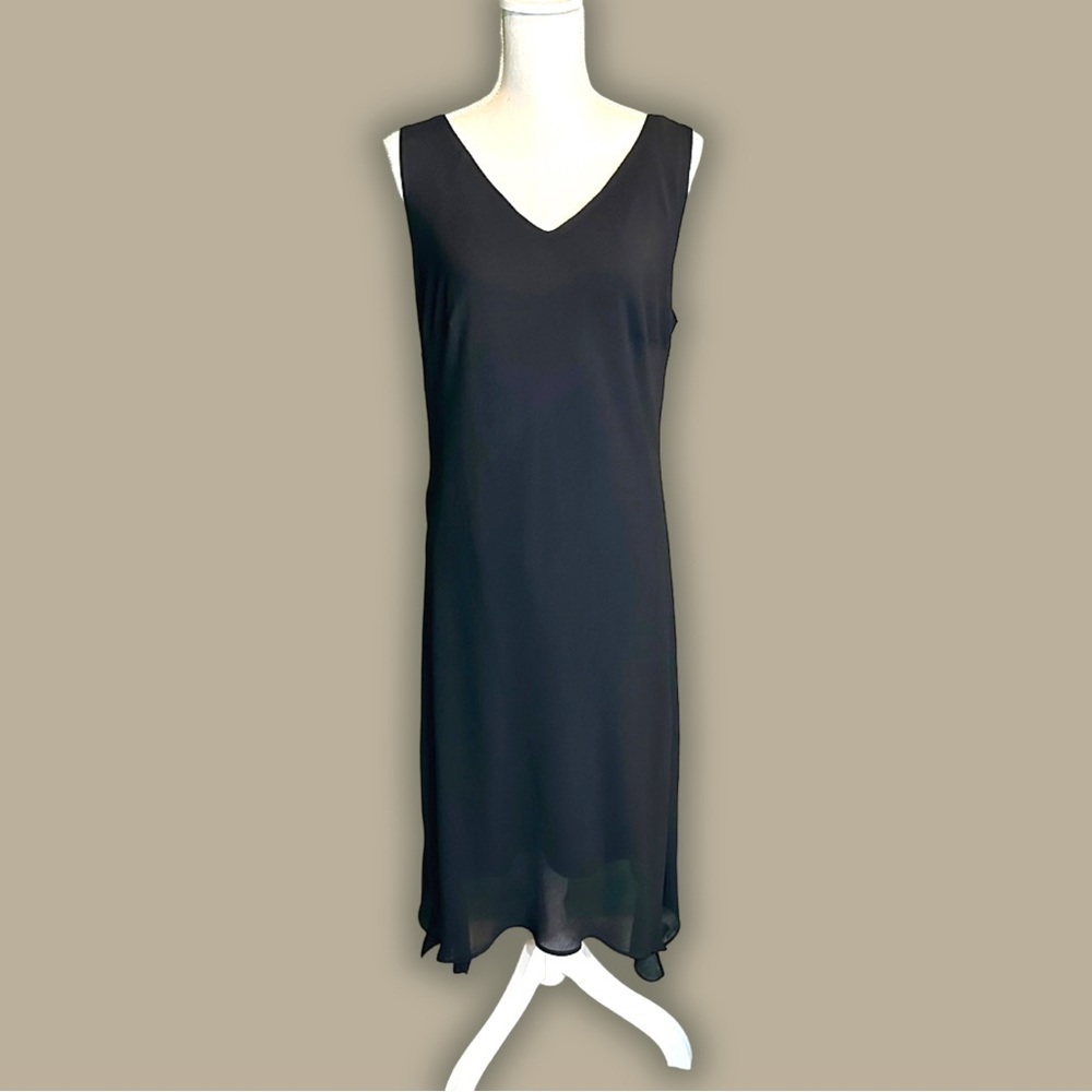 Vintage Black V Neck Sleeveless Chiffon Overlay Sharkbite Hem Midi Dress Size 14